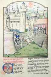 Ms 1560 Capture of Jerusalem i 1099 af Godfrey de Bouillon og korsfarerne under det første korstog, miniature fra Fleur des Histoires