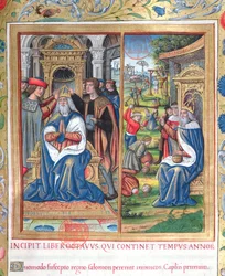 Fru 1581 f. 154 Illustration fra bog VIII (Fra Davids død til Akabs død), kapitel 1 i jødernes oldsager (Antiquitates Judaicae) af Flavius Josephus - Hvordan Salomon, da han