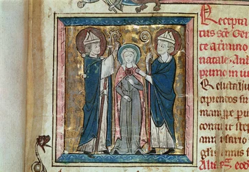 Ms. 16261, fol. 1, Den hellige Genovevas tronbestigelse, fra Sainte-Geneviève-abbediets jordregister