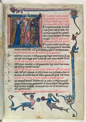 Ms 16261 fol.13v St. Genevieve kæmper mod en dæmon med hjælp fra en engel fra Censier de lAbbaye Sainte-Genevieve
