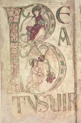 Ms 18 f.1v Historikert initial B, der viser Evangelisten Johannes og en engel, fra Corbies Psalter