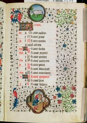 Fru 19. marts: Vædderen og en mand, der fælder træer, fra en timebog, begyndelsen af det 15. århundrede
