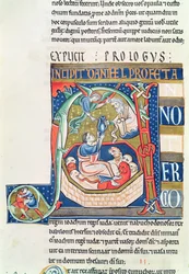 Ms 1 fol.185v Historikert initial A, der forestiller Daniel i Løvehulen, fra Souvigny-bibelen