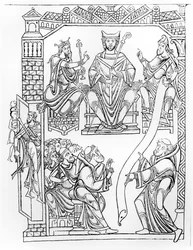 Ms 210 fol 19v. Cartulary of Mont Saint-Michel: Hertug Richard II af Normandiet giver en gave af jorder og privilegier til klostret Mont St. Michel, (gravering efter en tegning fra 1150