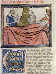 Ms 22 fol.30 Fødslen af tvillingerne Jacob og Esau, miniature fra Bible Historiale of Guiart des Moulins