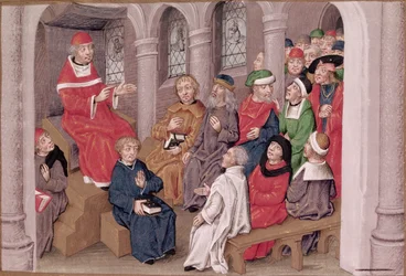 Ms 230 fol.25 Jean de Gerson (1363-1429) prædiker passionen efter middagen i St. Bernard Church, Paris, fra Sermons sur la Passion et Traites Divers, ca. 1480