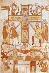 Ms 24 fol.7v Korsfæstelsen og opdelingen af Frelserens tøj, fra et evangelium