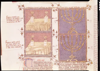 Ms 290 Tome 1 f.89v Offertabel og menoraen, fra Postilles sur la Bible af Nicolas de Lyre