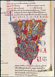 Ms 2 full.41v Historikert initial V, der viser en scene fra Tredje Mosebog, fra St. Benigne Bible