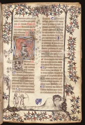 Ms 306 f.27r, kong David, der sidder, slår en tone med fem klokker, fra et brev, Use of Paris, 1400