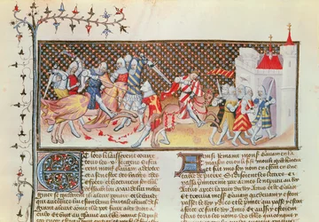 Ms 3479 t.1 fol.558 Scene med riddere, der kæmper, fra Livre de Messire Lancelot du Lac