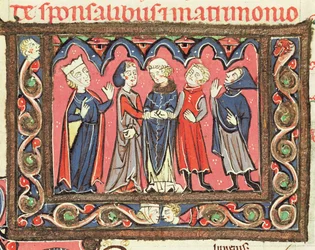 Ms 364 fol.166 Et ægteskab, illustration fra Johannes Andreaes kommentarer til pavelige dekreter