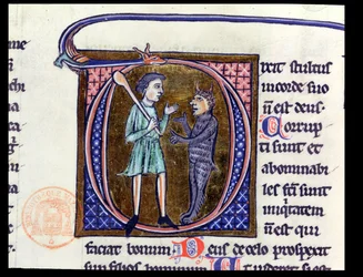 Ms 36 Historikert initial D, der viser en mand med djævelen, fra en latinsk bibel