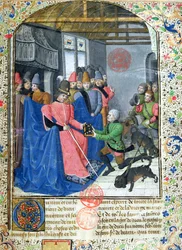 Ms 3717 Huntsman præsenterer forfatteren for en kopi af hans afhandling om jagt, fra Livre de la Chasse af Gaston Phebus de Foix (1331-91)