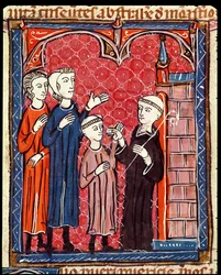Ms 372 f.53r Et barn bragt til et kloster af sine forældre, fra Decrets de Gratien