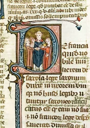 Ms 376 f.320 Historikert initial D, der viser en præst, der velsigner et ægteskab, fra Les Gregoriennes