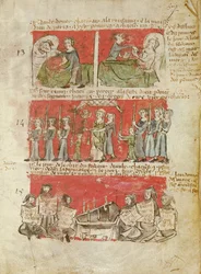 Ms 406 fol.6 Scener fra livet for studerende fra College of Hubant eller Ave Maria, fra vedtægterne for College of Hubant, Paris, 1387