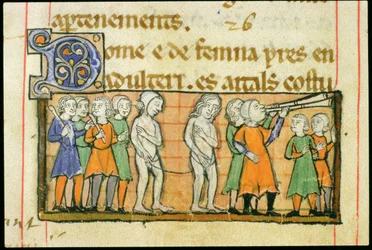 Ms 41 f.42v Afstraffelse af to ægteskabsbrydere ved nøgenoptog gennem byen, fra Livre Juratiore dAgen