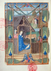 Ms 473 Kristi fødsel med påfugle, miniature fra Karl af Frankrigs tidebog, ca. 1466-69