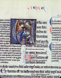 Ms 48 fol.95v Historikert initial V, der skildrer steningen af profeten Jeremias