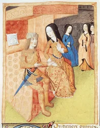 Ms 493 f.74v Aeneas og Dido, fra Virgils værker (70-19 f.Kr.) 1469