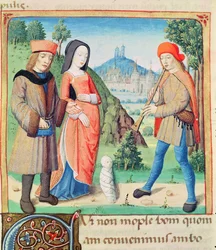 Ms 493 f.9 Fejringen af barnet, der vil genoprette guldalderen på jorden, fra The Eclogues af Virgil med en kommentar af Servius, 1469