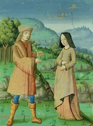 Ms 493 fol.123v Møde mellem Aeneas og Anne, søsteren til Dido, fra Æneiden med kommentarer af Servius, 1469