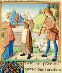 Ms 493 fol.15v Hyrden Menalcas og hans ulykkelige kærlighed, fra The Eclogues af Virgil med en kommentar af Servius, 1469