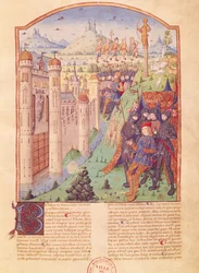 Ms 493 fol.1r The Works of Virgil med kommentar af Servius, The Bucolics, Konge sidder på sin trone omgivet af sine vagter foran en befæstet by, Frankrig, 1469