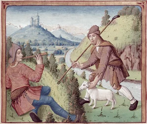 Ms 498 f.3v Tityrus møder Meliboeus, fra The Eclogues af Virgil med en kommentar af Servius, 1469