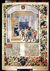 Ms 5064 fol.1r Forfatteren præsenterer sin bog for bønderne, fra Livre des Prouffitz Champestres af Pietro de Crescenzi (1230-132021)