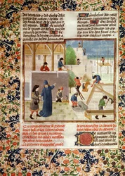 Ms 5064 fol.2v Opførelse af et hus, fra Livre des Prouffitz Champestres af Pietro de Crescenzi (1230-132021)