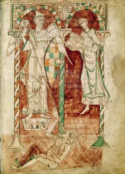 Ms 50 Fol.1v Afskriveren præsenterer sin bog til St. Michael fra Sankt Clements anerkendelser