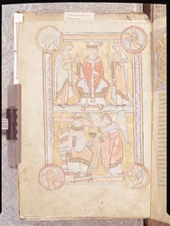 Ms 512 fol.4v St. Gregory den Store (ca. 540-604) mellem hans far, Gordien, og hans mor, Silvia og en druknet mand som en engel, fra Liber Pastoralis