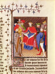 Ms 5193 Fol.52r Rosane svarer til folkets udsendinge fra Jean Sans Peur-udgaven af De Casibus virorum illustrarium af Giovanni Boccaccio (1313-75) c.1410