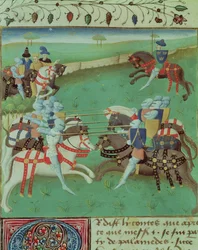Ms 527 f.5v Teaching Knights to Joust, fra Roman du Saint Graal