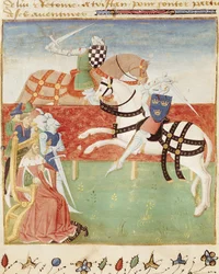 Ms 527 fol.40v Konfrontation af to riddere før kongen, fra Roman du Saint Graal
