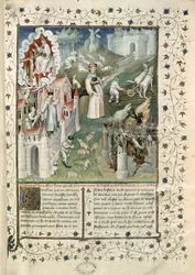 Ms 55 t.2 fol.3 Guds by, byen Caen og lasternes by, fra La Cite de Dieu af St. Augustin af Hippo (354-430) oversat af Raoul de Preles (1316-82)