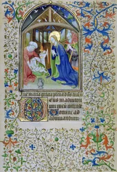 Ms 66 f.44r Jomfruen og Josef tilbeder den nyfødte Kristus, fra en timebog, Amiens