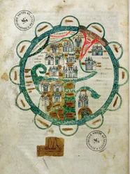 Ms 782 fol.16v. Kort over verden i form af en globus, miniature fra Grandes Chroniques de Philippe le Hardi