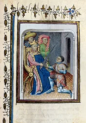 Fru 814 Charles V (1338-80) returnerer den høje konstabels sværd til Bertrand du Guesclin (ca. 1320-80) fra Histoire de Du Guesclin efter digtet af Cuvelier, begyndelsen af det 15. århundrede