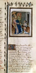 Ms 814 f.125r Bertrand du Guesclin (1320-80) slået til ridder af kongen, fra Histoire de Du Guesclin