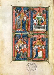 Ms 87 fol.16 Bebudelsen, Fødselen, tilbedelsen af Magi og Renselsen, fra Mahaut dArtois