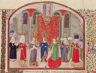 Ms 927 Fol.17v Teologiske og kardinale dyder, fra etik, politik og økonomi af Aristoteles (384-322 f.Kr.)
