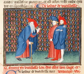 Ms Fr 1023 fol.57v Hvordan de ældre skal være gode, kloge og dydige, fra Bogen om God Moral, af Jacques le Grant (1360-1415)
