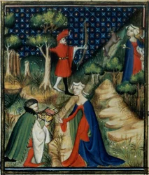 Fru Fr 12420 fol.139v. Historien om Procris, fra `De Claris Mulieribus, fra Giovanni Boccaccios værker (1313-75)