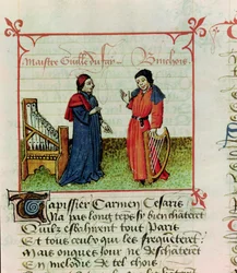 Ms Fr 12476 fol.98 Guillaume Dufay (d.1474) og Gilles Binchois (d.1460) fra Le Champion des Dames af Martin le Franc (1410-61) 1440