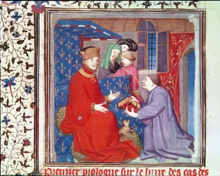 Fr 131 f.1 Jean (1340-1416) Hertug af Berry modtager et manuskript fra Boccaccio, fra Cas des Nobles Hommes et Femmes af Giovanni Bocaccio (1313-75)