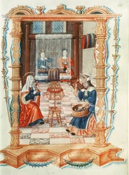 Fr 1537 Fol.36 Jomfru Maria væver i et værksted, fra Chants royaux sur la Conception Couronnee du Puy de Rouen