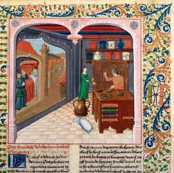Fr 218 fol.111 En patient i sin seng og en apoteker, der forbereder medicin, fra Le Livre des Proprietes des Choses af Barthelemy lAnglais